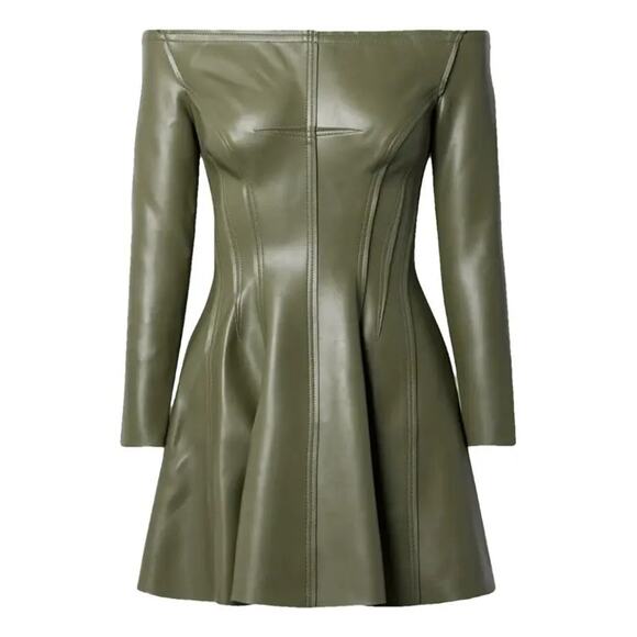 Norma Kamali Olive Green Off-Shoulder Mini Dress - Picture 2 of 12